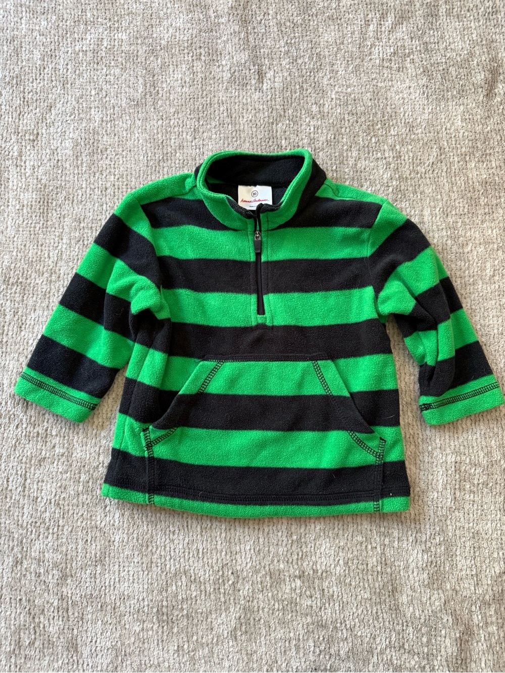 Hanna Andersson Size 80 Green Black Striped Fleece Half Zip Pullover